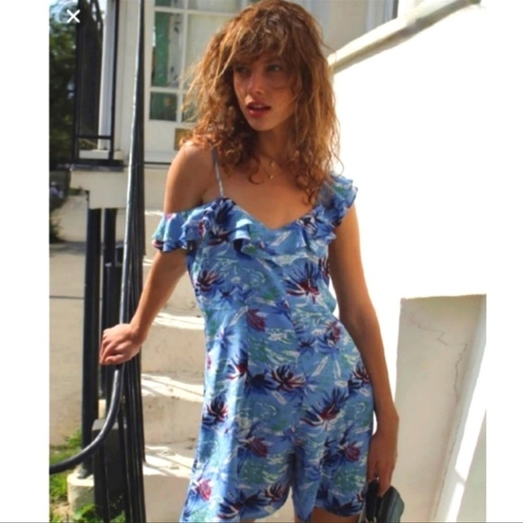 The Kooples Blue Printed Sleeveless One-Shoulder Romper - Picture 2 of 15